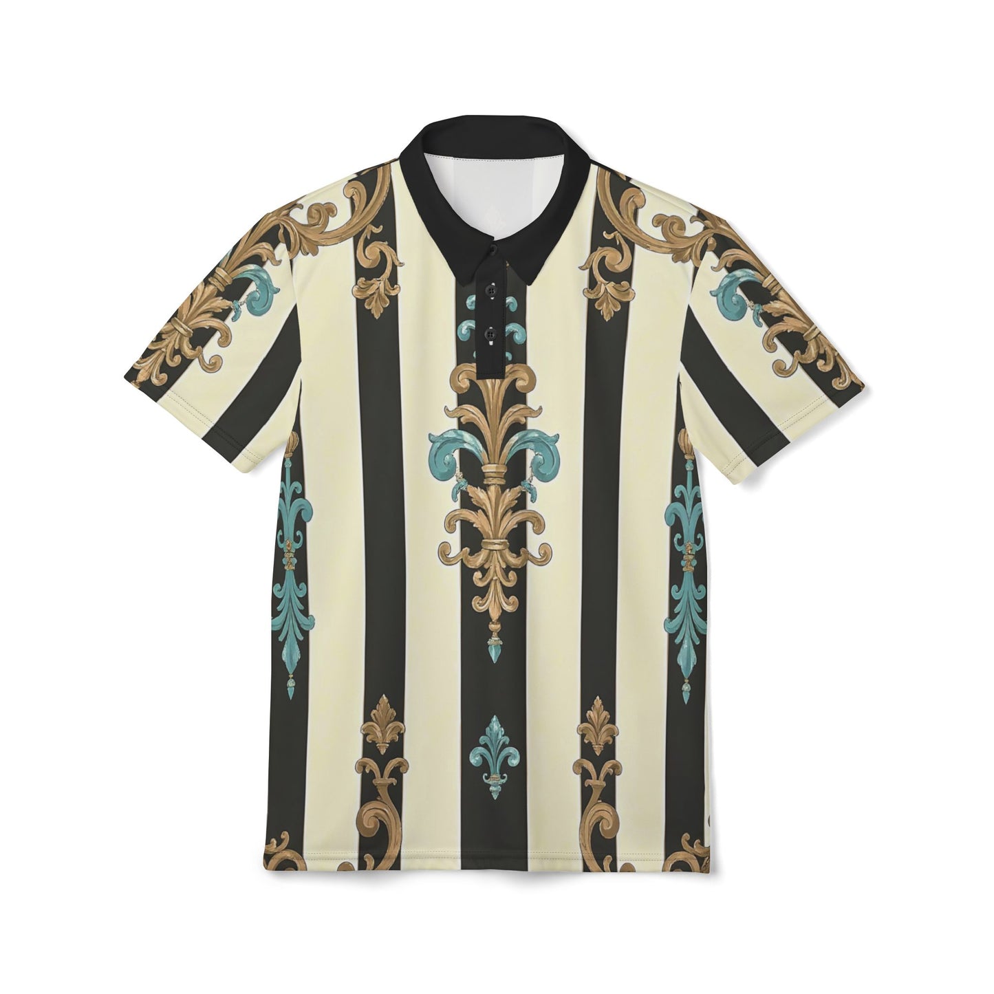 Chic Unisex Polo Shirt - Black Striped Turquoise & Black Rococo
