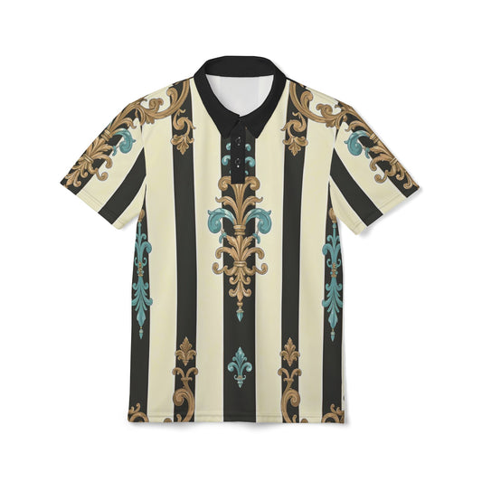Chic Unisex Polo Shirt - Black Striped Turquoise & Black Rococo