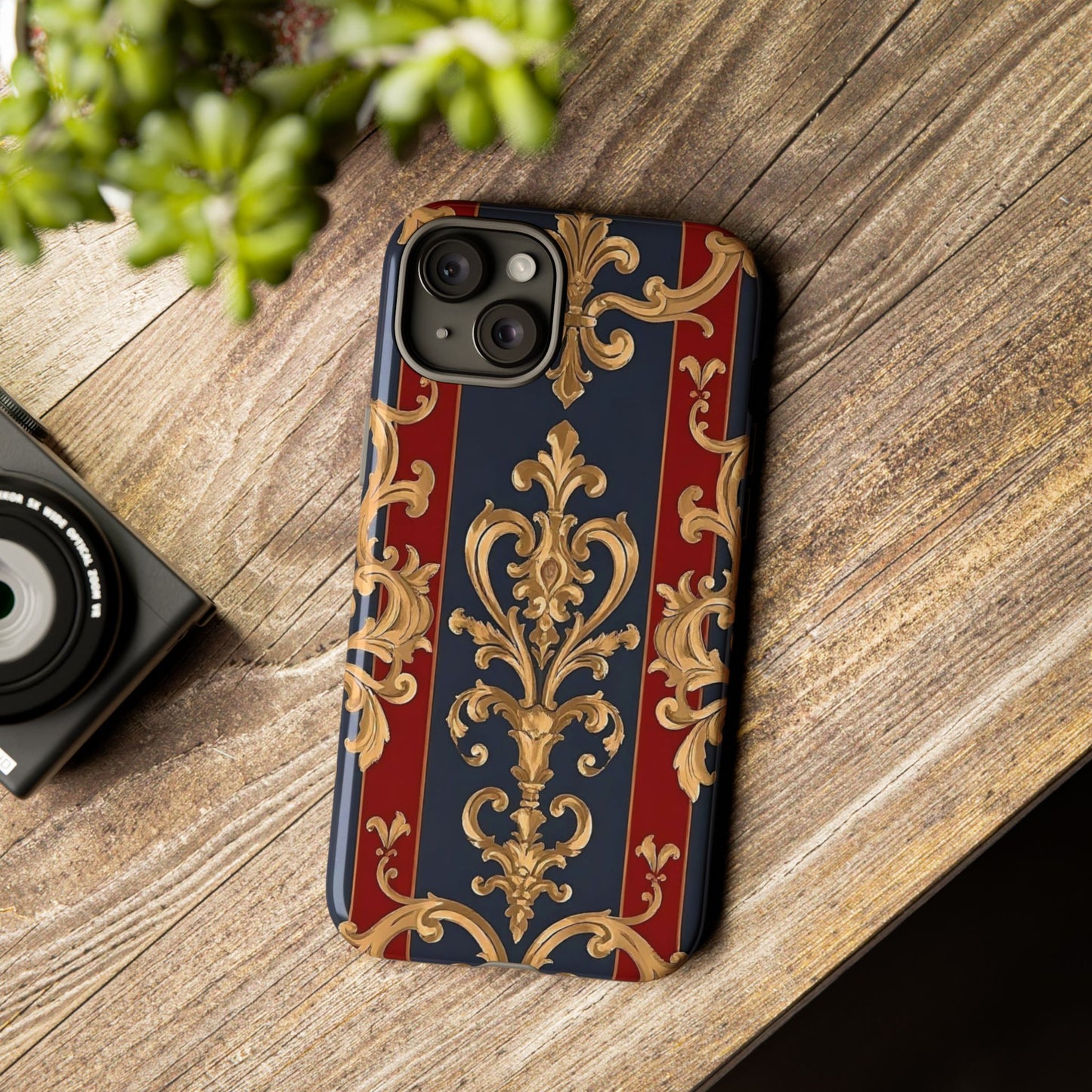 Elegant Floral Motif Phone Case - Tough Cases with Vintage Design - Midnight Blue & Dusk Red Striped Gold Damask