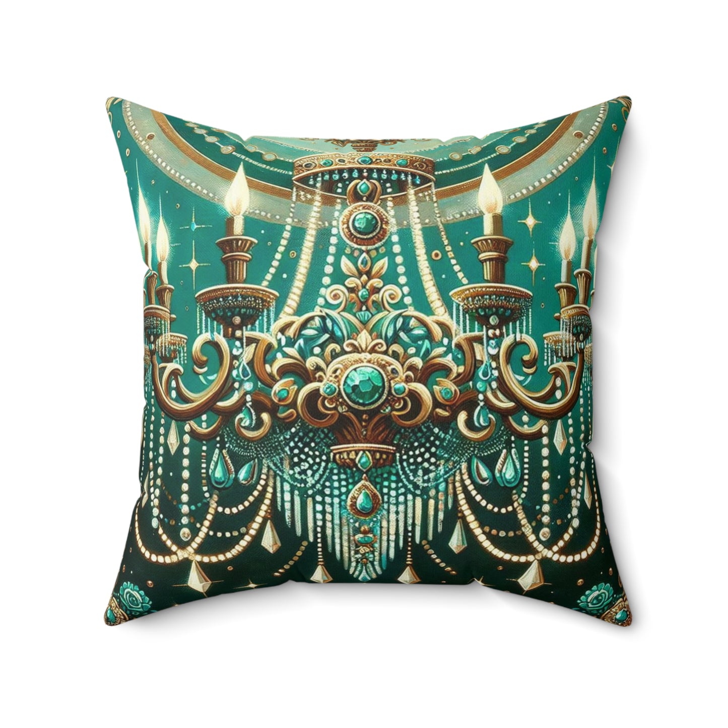 Chandelier Elegance Pillow | Decorative Throw Cushion, Bohemian Home Decor, Luxury Accent Pillow - Green & Gold Jeweled Chandelier