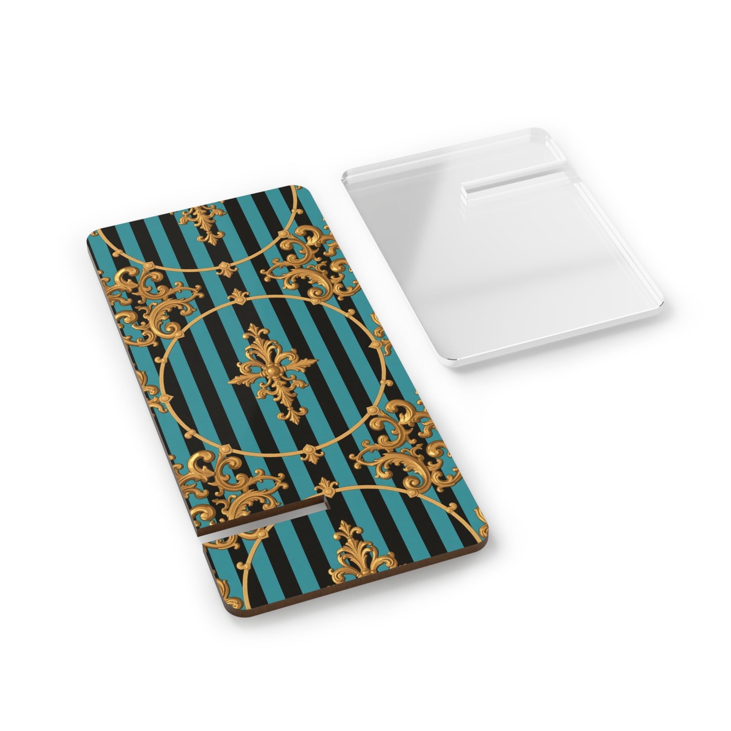 Elegant Turquoise & Black Striped Gold Baroque Decorative Mobile Display Stand, Smartphone Holder, Gift for Tech Lovers