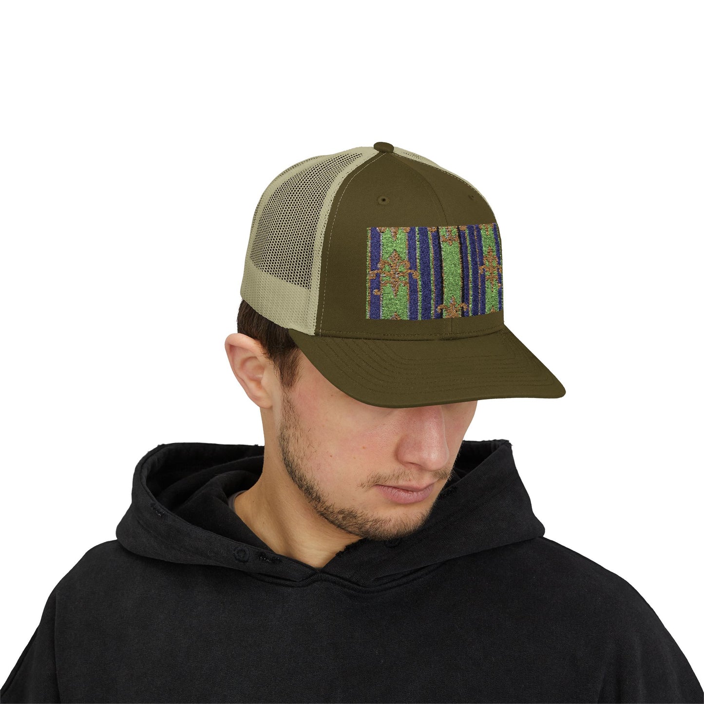 Vibrant Snapback Trucker Cap with Colorful Pattern, Baroque Hat for Festivals, Unisex Cap, Summer Accessory - Green Striped Gold Baroque