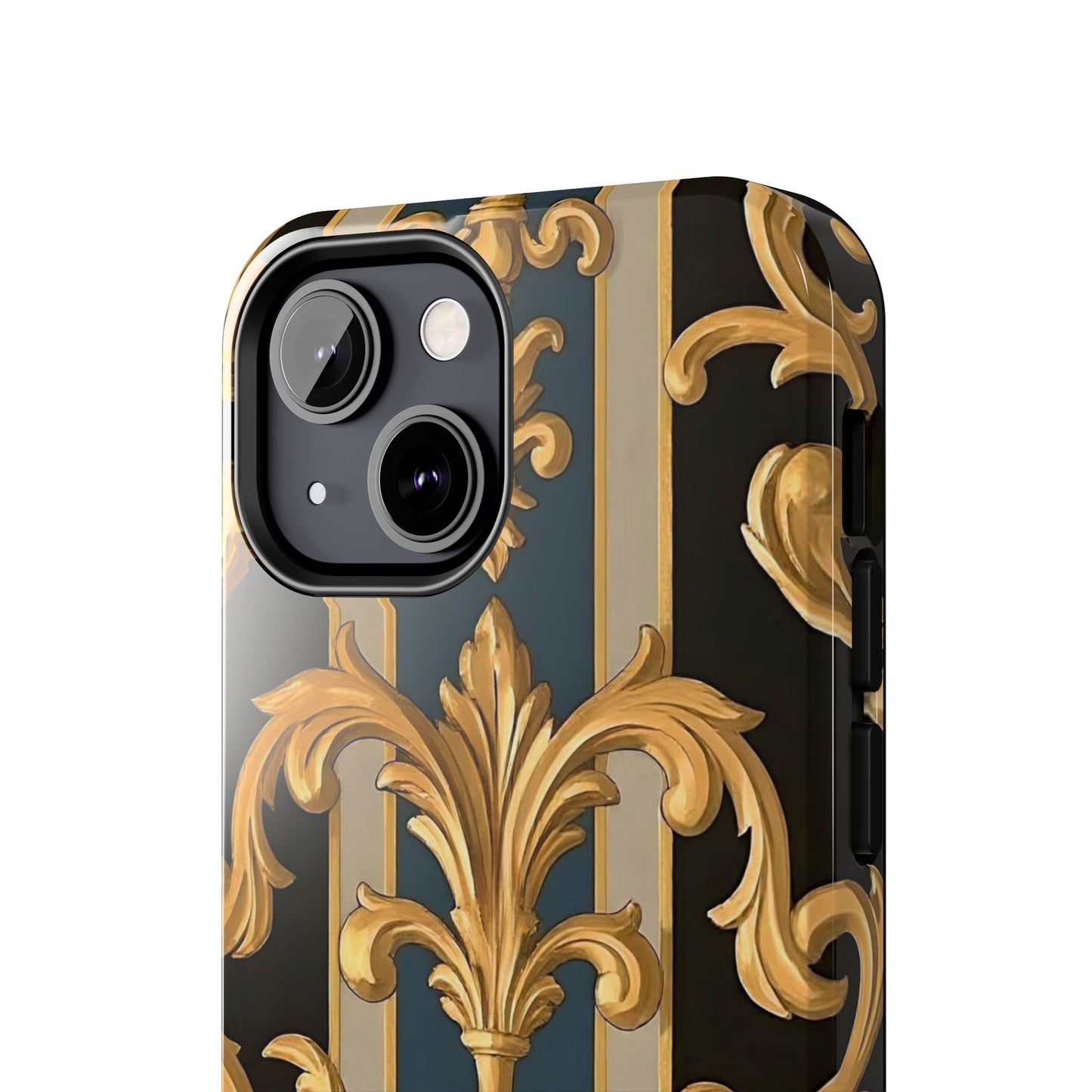Elegant Rococo Phone Cases, Tough iPhone Case, Floral Design Case, Luxury Phone Cover - Blue & Black Striped Rococo