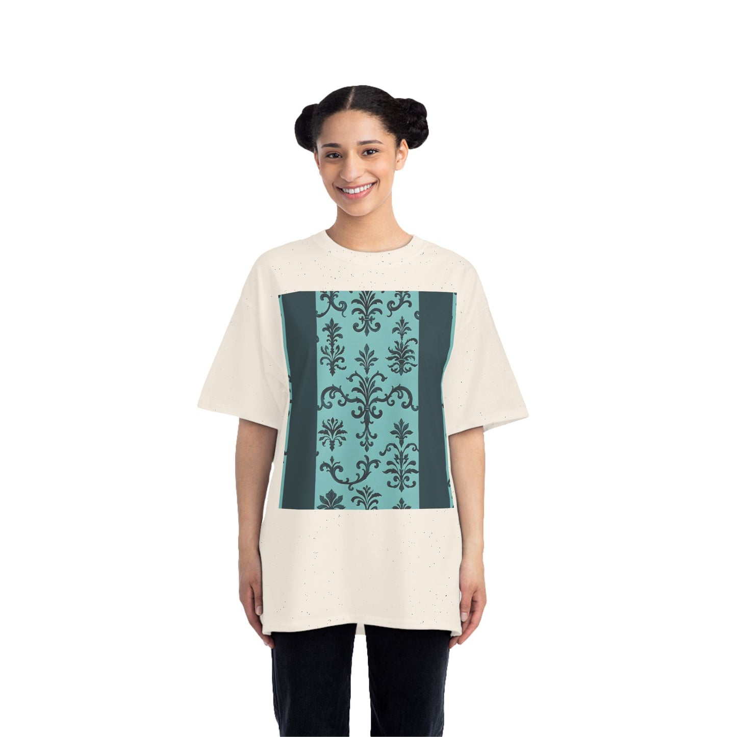 Elegant Floral T-Shirt - Vintage Design, Casual Wear, Gift for Her, Summer Fashion, Stylish Tee - Teal Striped Rococo