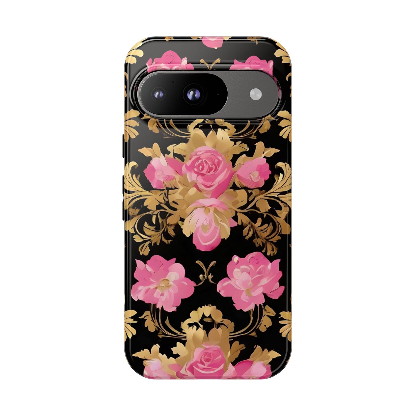 Elegant Floral Motif Phone Case - Tough Cases with Vintage Design - Pink & Gold Roses