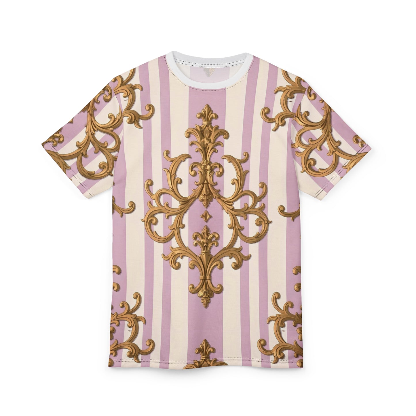 Elegant Patterned Unisex Tee, Chic Graphic T-Shirt, Statement Clothing, Fashion Top - Lilac & Alabaster Striped Gold Baroque