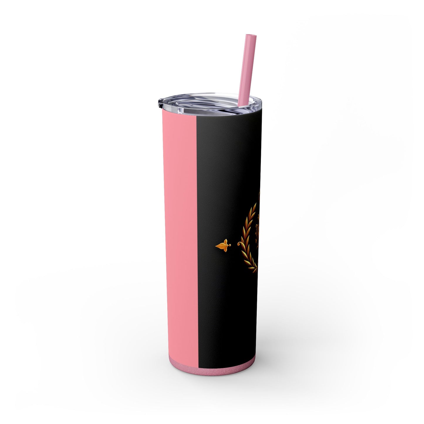 Elegant Royal Themed Skinny Tumbler, Chic Drinkware for Parties, Daily Hydration, Gifts for Her, Travel Mug, Reusable Straw - Pink Striped Gold Crest