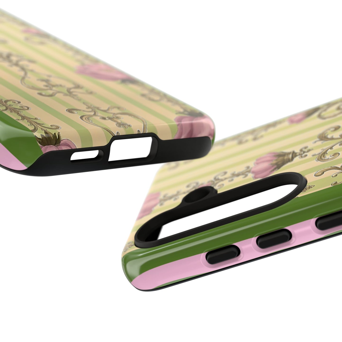 Elegant Floral Motif Phone Case - Tough Cases with Vintage Design - Lime Green & Pink Striped Damask