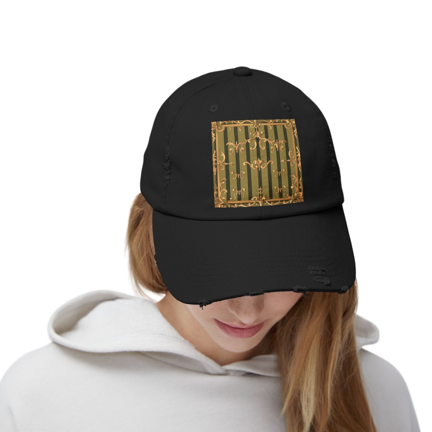 Vintage Distressed Cap with Elegant Gold Design, Fashionable Unisex Hat for Casual Outings - Olive Green Striped Rococo