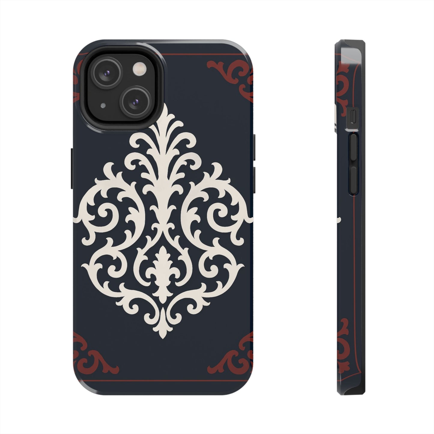 Dusk Blue-Maroon & White Baroque Tough Phone Case — Vintage Scroll Design