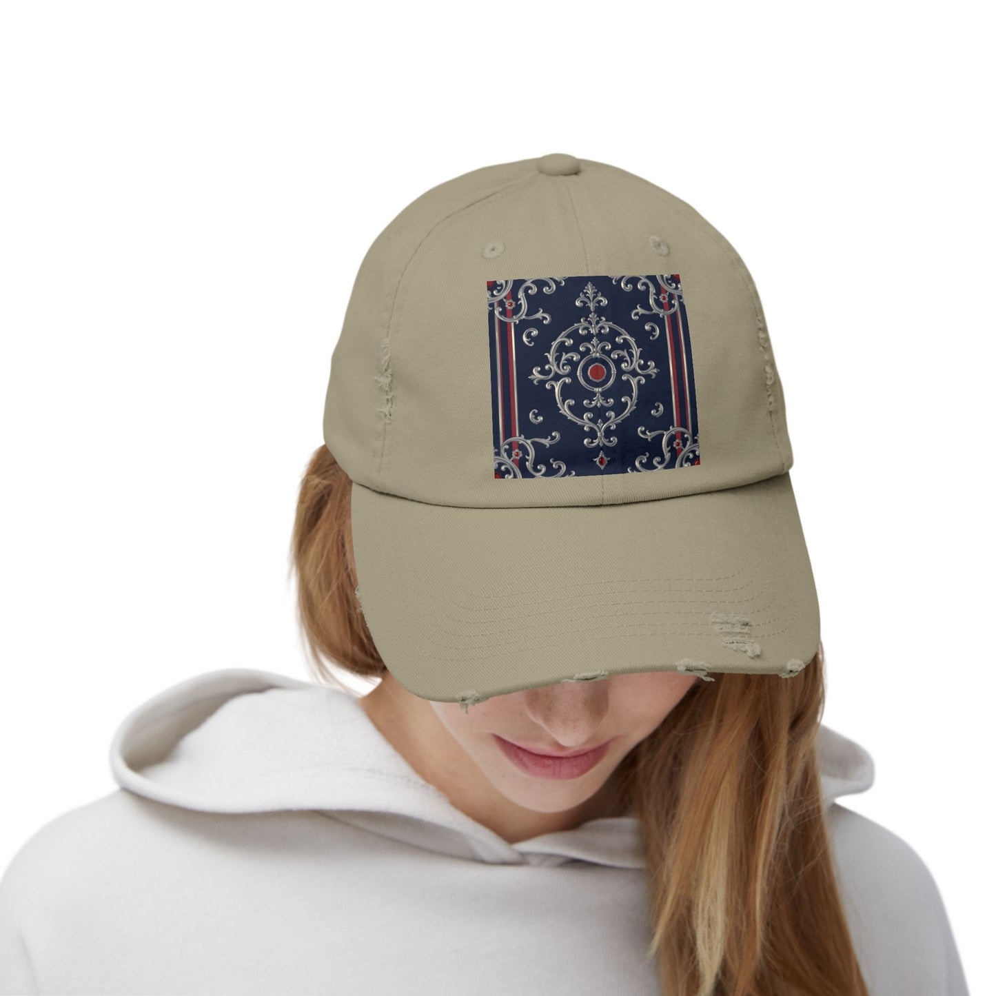 Stylish Unisex Distressed Cap with Ornate Design, Casual Hat for Outdoor Adventures, Beach Days - Blue & Red Silver Baroque