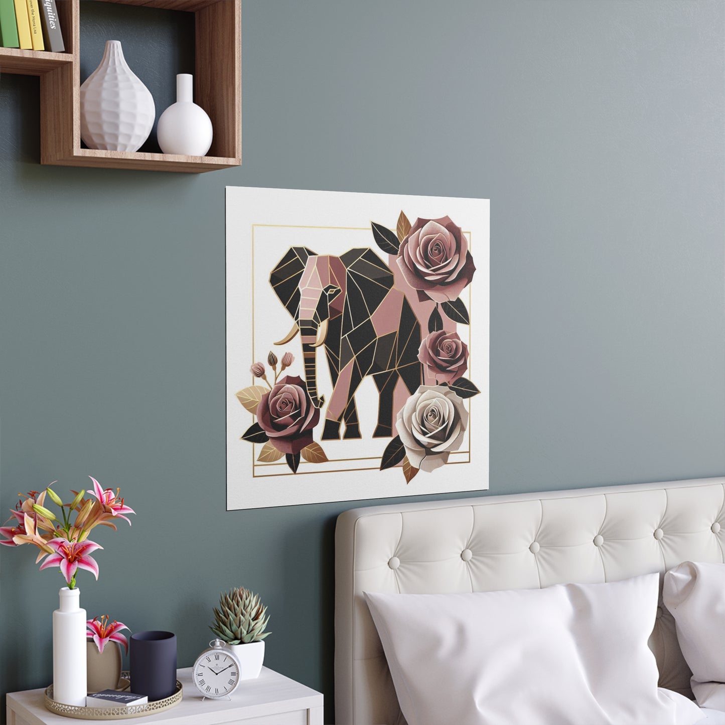 Elegant Floral Silk Poster - Indoor/Outdoor Wall Art for Home Decor - Brown & Mauve Elephant & Roses