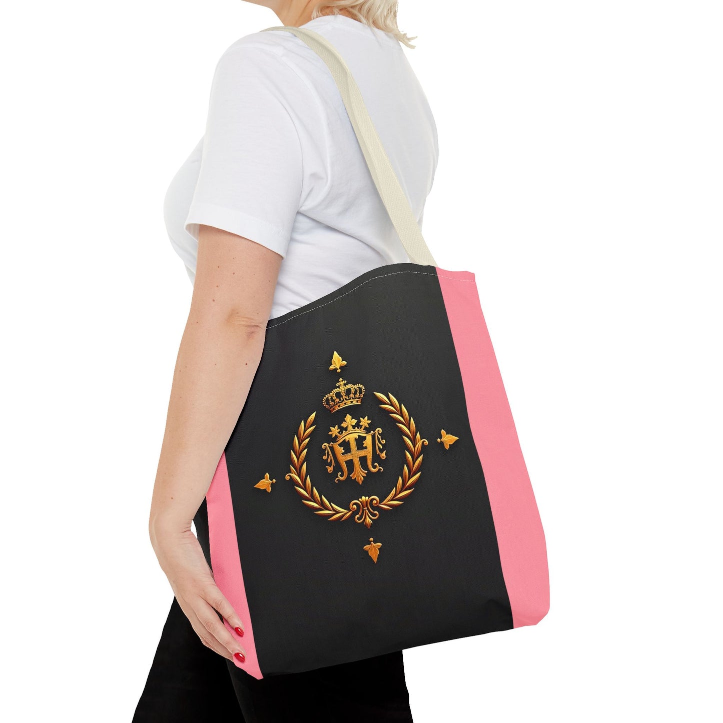 Elegant Monogrammed Tote Bag - Chic Shopper, Eco-Friendly Carryall, Personalized Gift, Stylish Accessory - Pink Striped Gold Crest