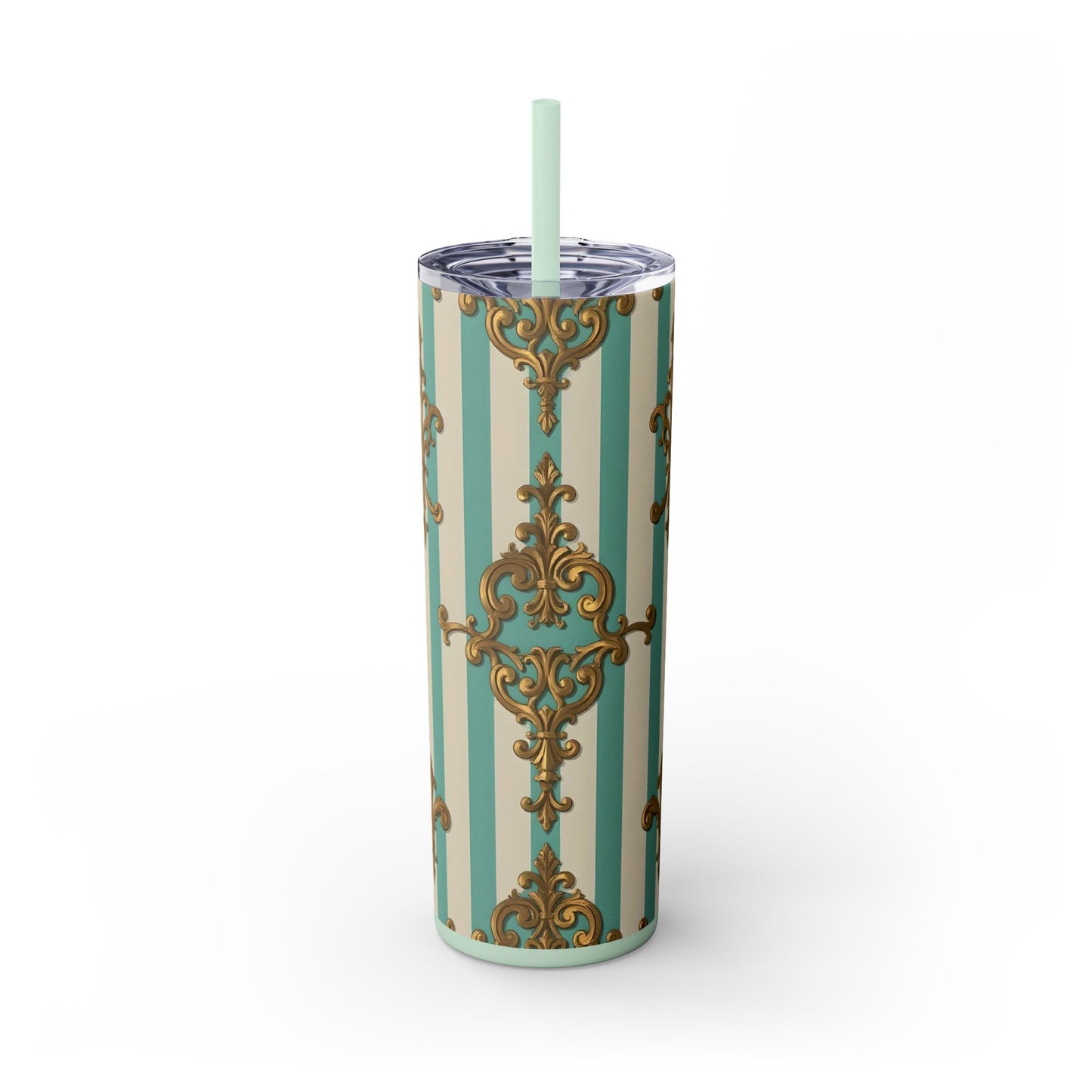Elegant Vintage Skinny Tumbler with Straw, 20oz, Stylish Drinkware, Perfect Gift for Home, Coffee Lovers - Matte Green Striped Rococo