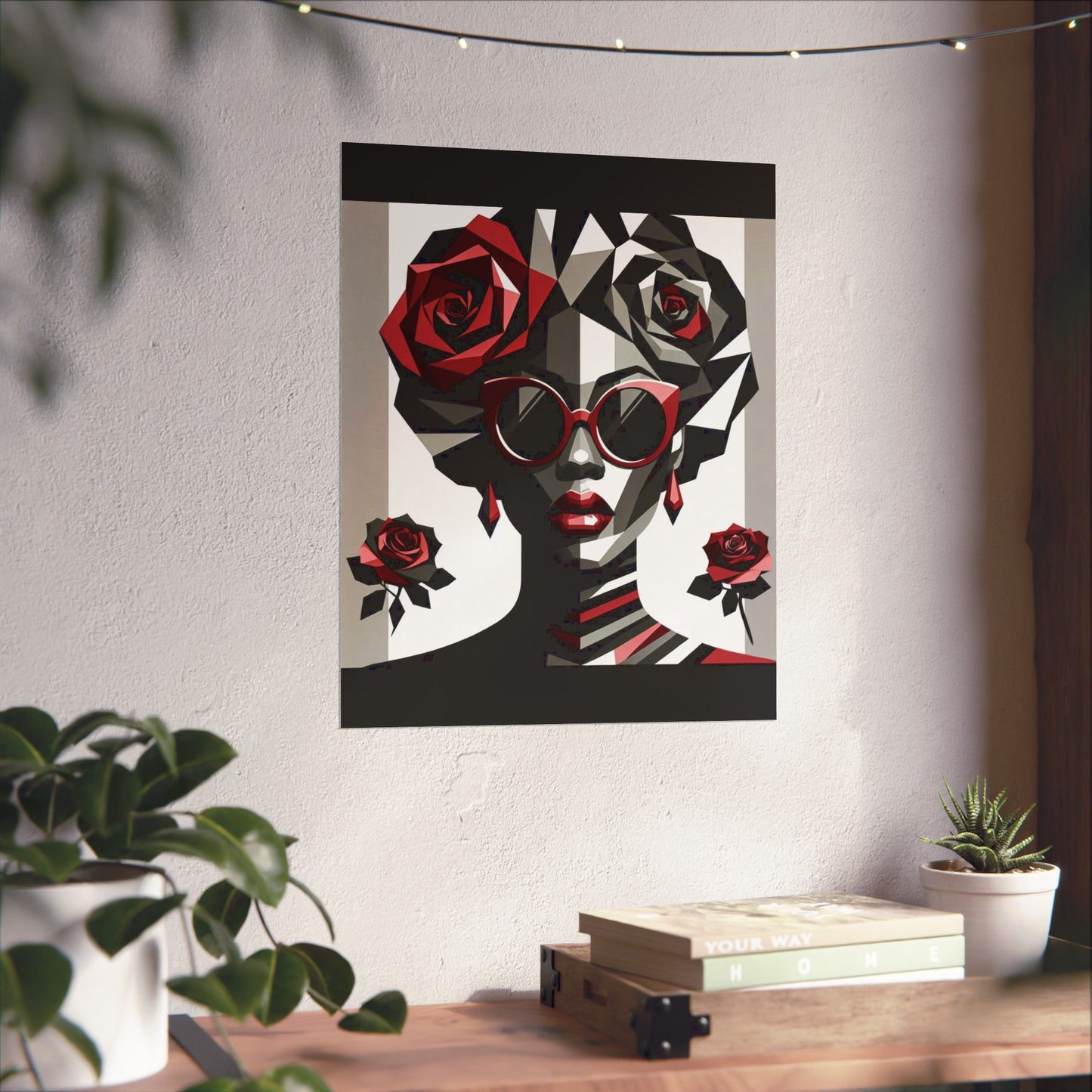 Floral Afro Art Poster - Elegant Matte Vertical Wall Decor - Lady In Red Shades Design