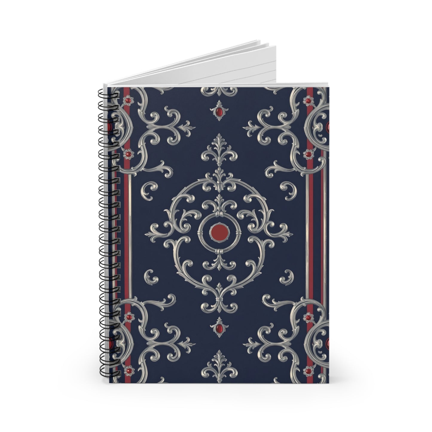 Elegant Spiral Notebook - Ruled Lines, Journal for Writing, Decorative Note Notebook, Gift for Students - Blue & Red Striped Silver Baroque