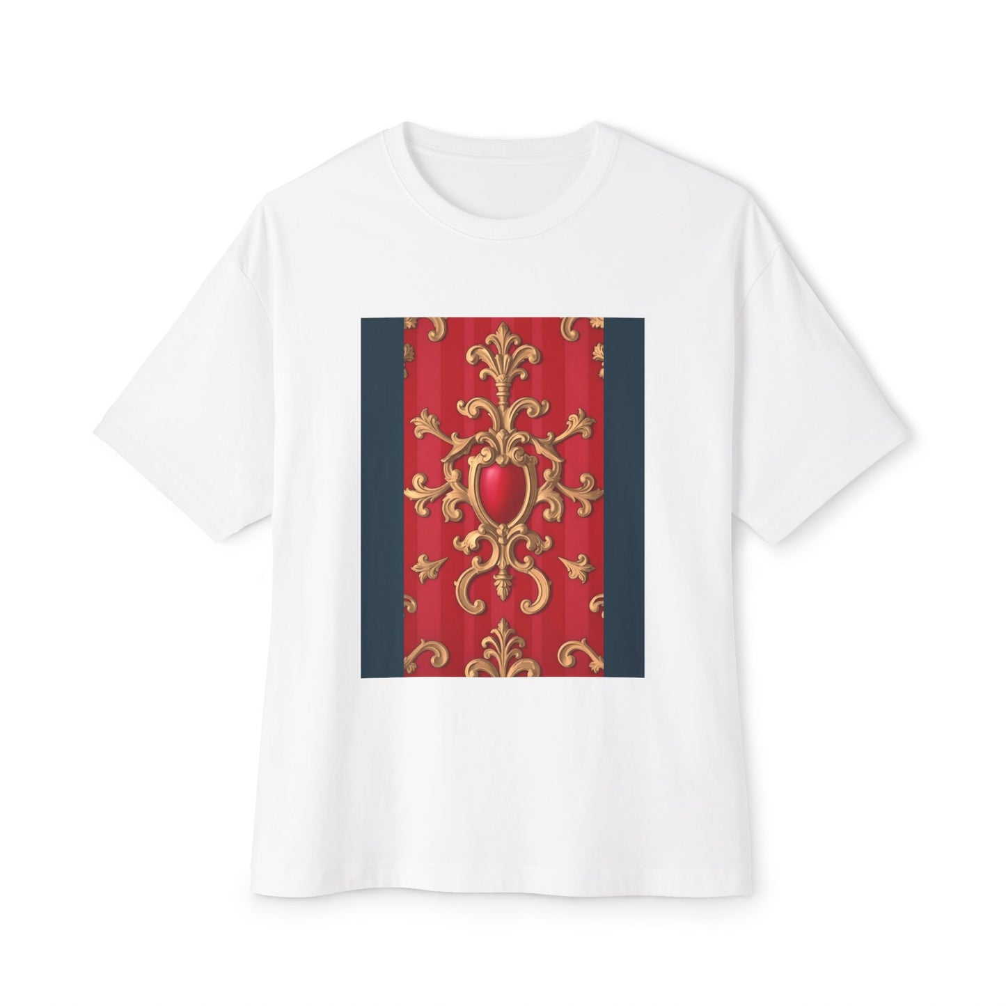 Elegant Vintage Design Oversized Tee, Boho T-Shirt, Festival Top, Unique Gift, Trendy Casual Wear - Blue, Red & White Striped Baroque