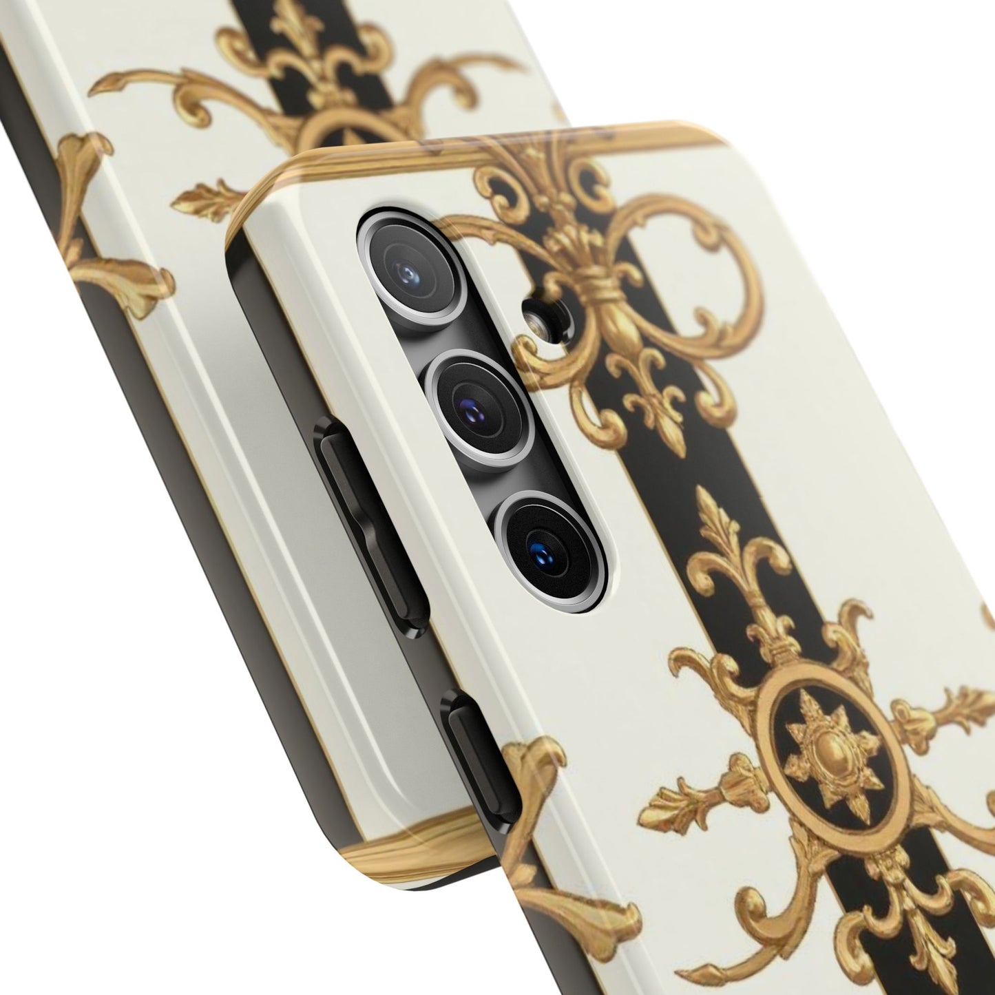 Elegant Baroque Tough Phone Case | Stylish Protection for Your Device, Gift for Her, Phone Accessories - Black & White Striped Gold Baroque