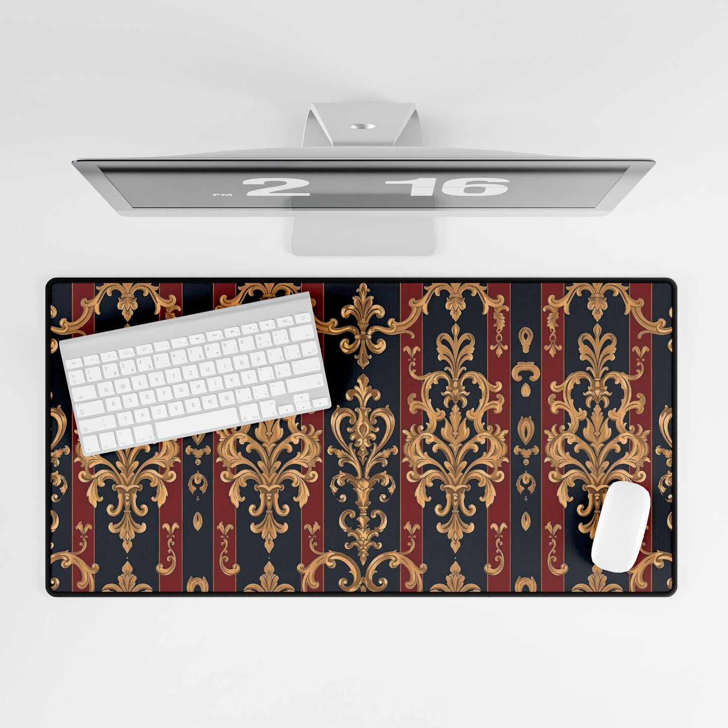Elegant Floral Motif Desk Mat for Home Office Decor - Midnight Blue & Dusk Red Striped Gold Damask
