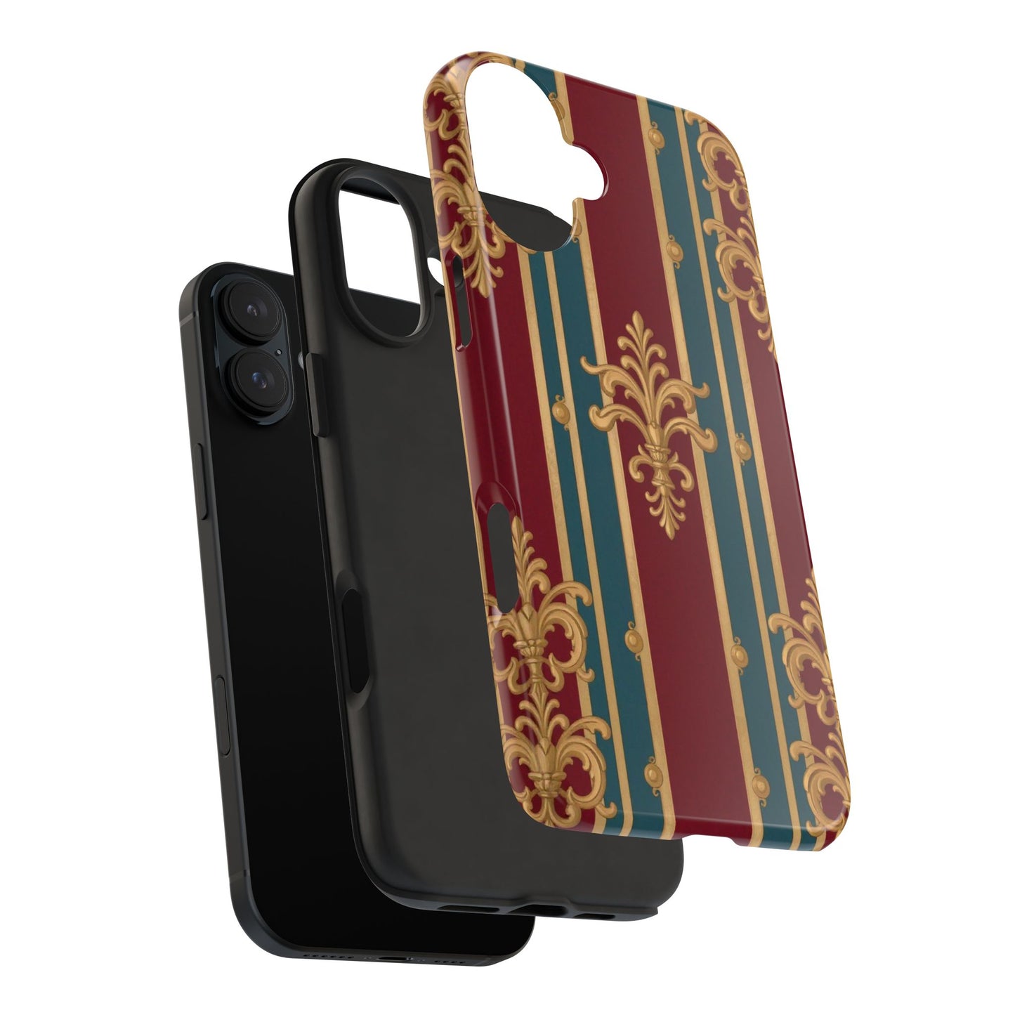 Elegant Vintage Tough Phone Case, Luxury Phone Protection, Stylish Phone Cover, Durable Phone Accessory - Burgundy Striped Gold Baroque