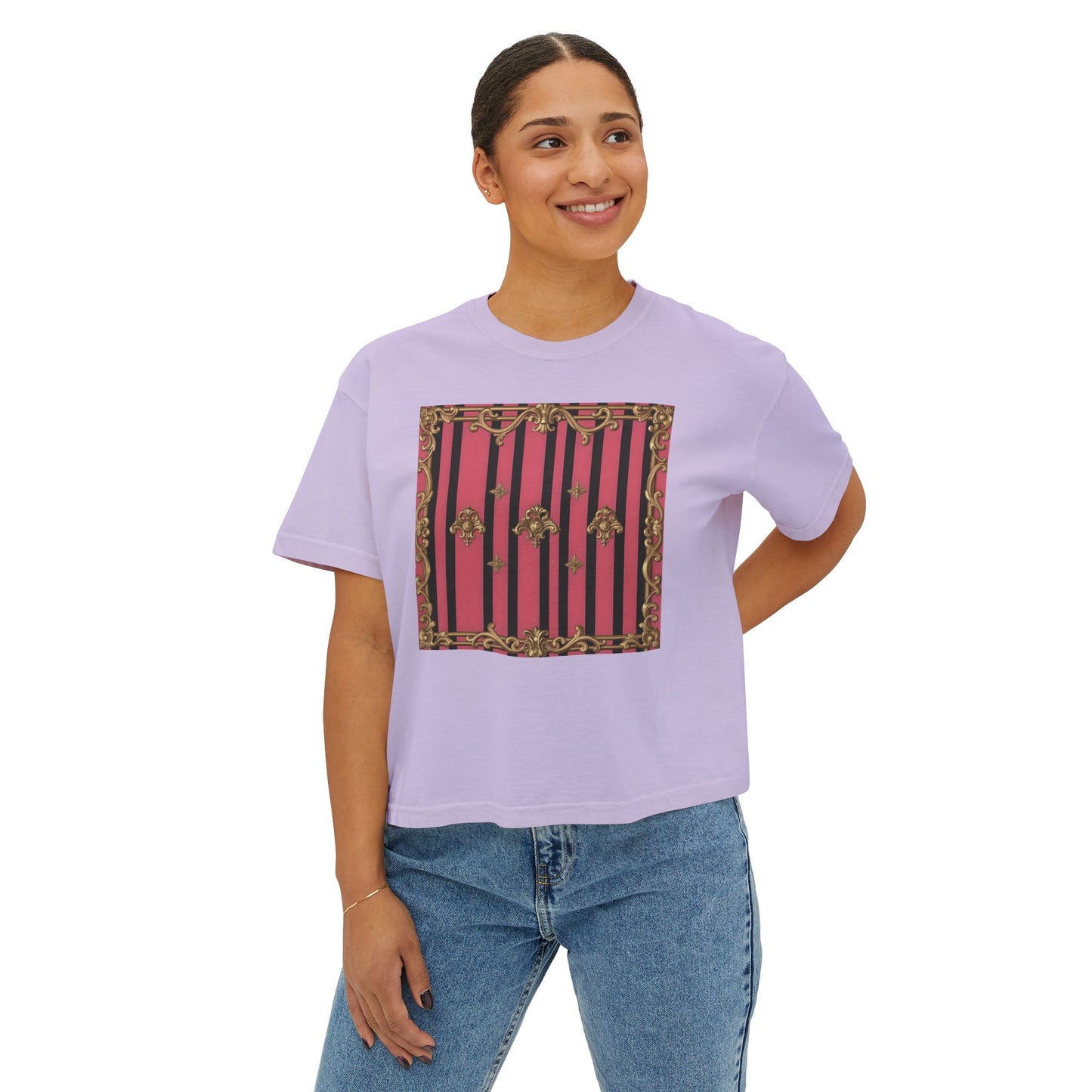 Chic Women's Boxy Tee with Vintage Floral Design, Casual Top, Summer Outfit, Gift for Her, Everyday Wear, Stylish Tee - Pink Striped Gold Rococo