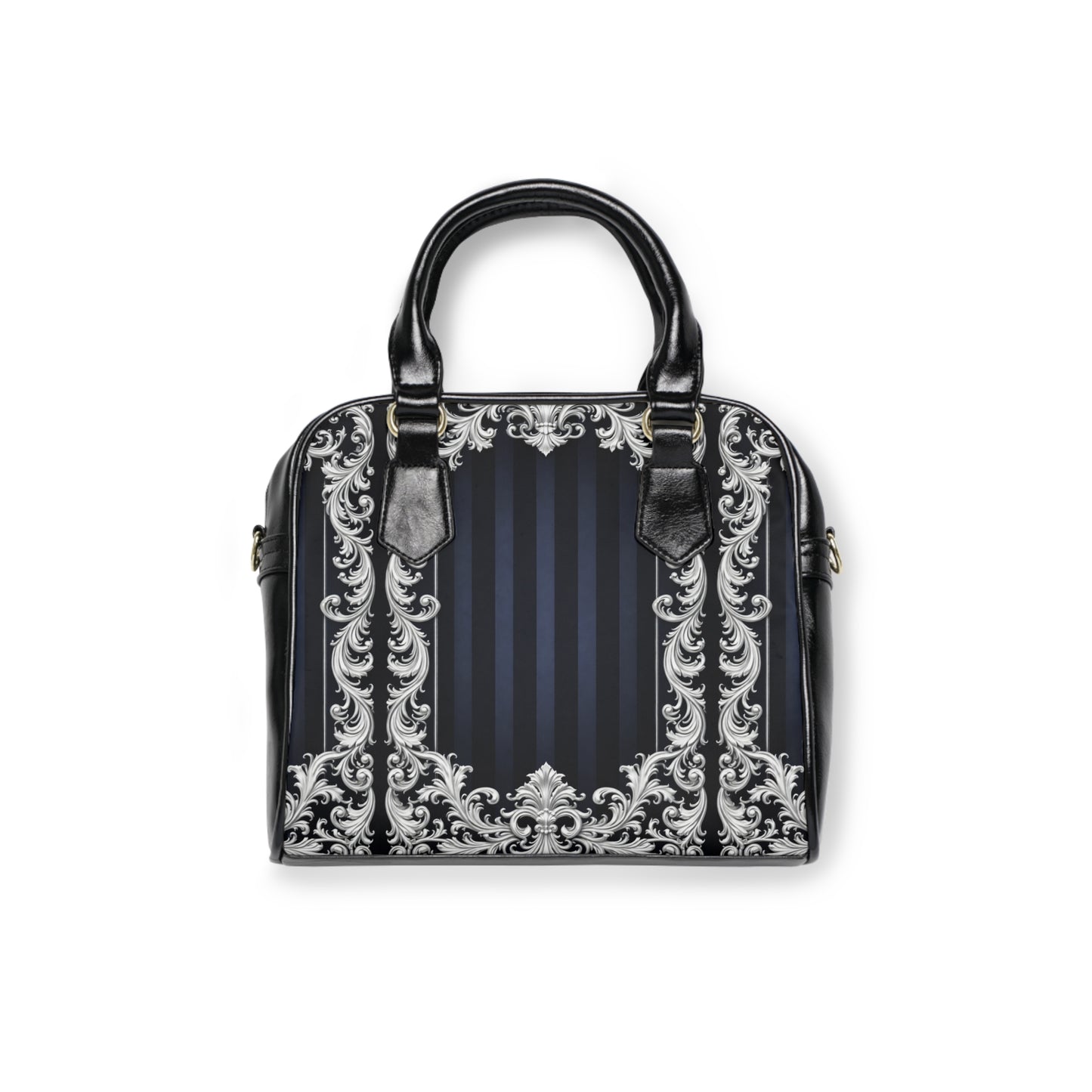 Navy Stripes & Baroque Shoulder Handbag — Elegant Navy & Silver Ornate Purse