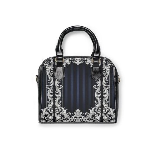 Navy Stripes & Baroque Shoulder Handbag — Elegant Navy & Silver Ornate Purse