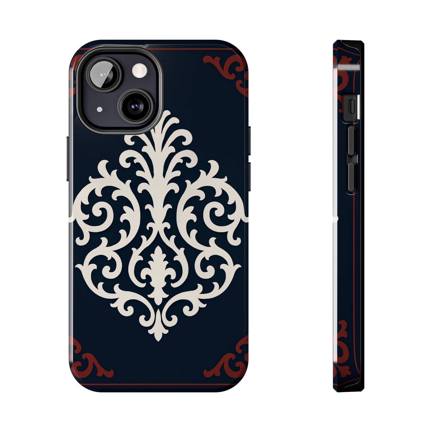 Dusk Blue-Maroon & White Baroque Tough Phone Case — Vintage Scroll Design