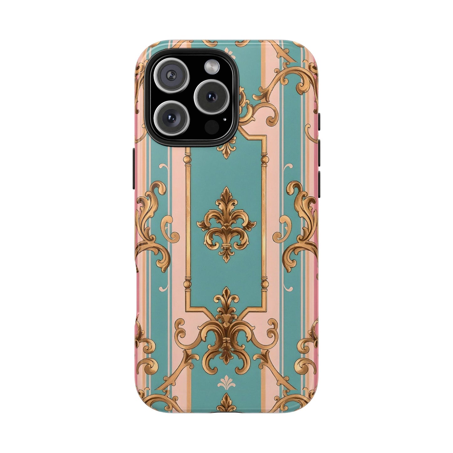 Elegant Floral Tough Phone Case, Artistic Phone Cover, Gift for Her, Chic Phone Accessory - Pink & Matte Turquoise Striped Rococo