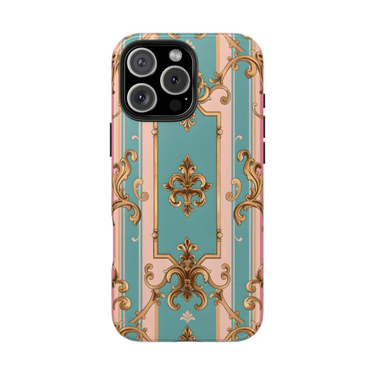 Elegant Floral Tough Phone Case, Artistic Phone Cover, Gift for Her, Chic Phone Accessory - Pink & Matte Turquoise Striped Rococo