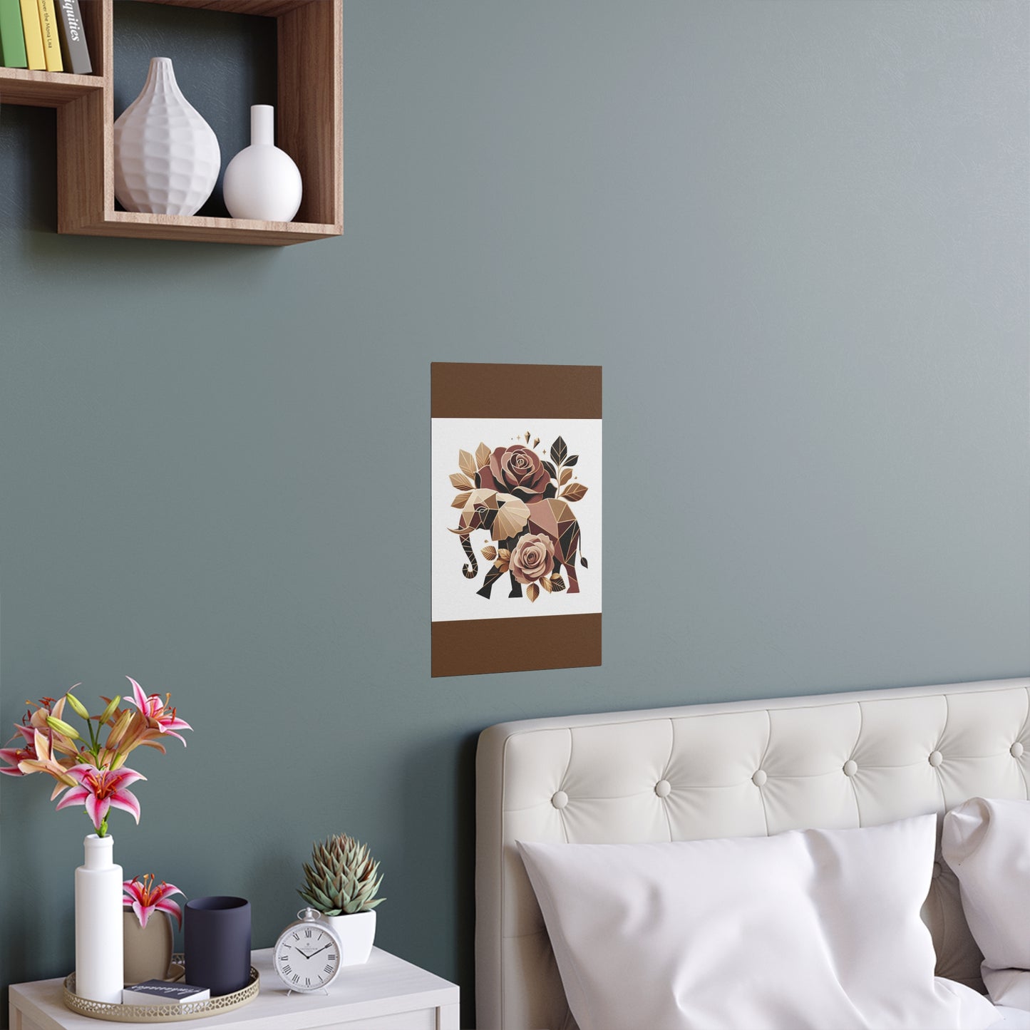 Elegant Floral Silk Poster - Indoor/Outdoor Wall Art for Home Decor - Brown & Gold Elephant & Roses
