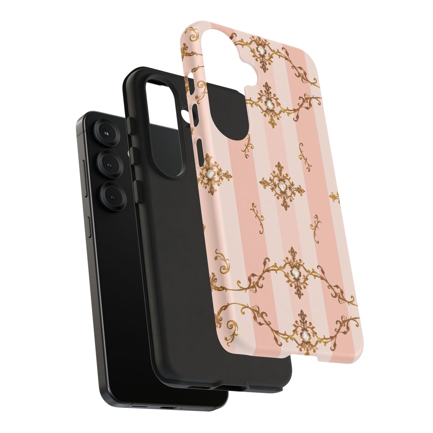 Elegant Floral Phone Case, Tough Cases for Women, Trendy Phone Cover, Chic Gift - Pink Jeweled Striped Gold Baroque