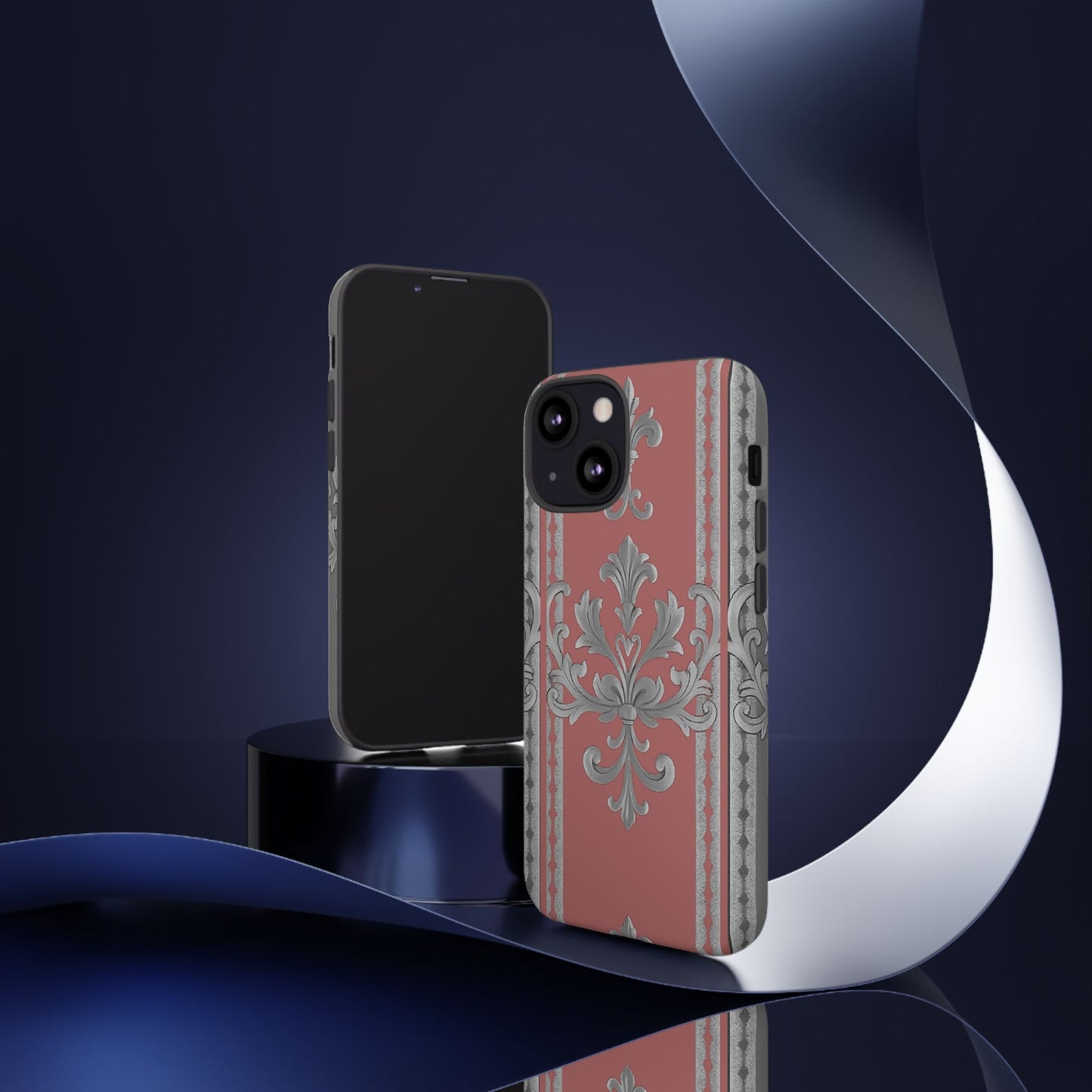 Elegant Floral Phone Case - Tough Cases for Stylish Protection - Gray & Mauve Striped Baroque