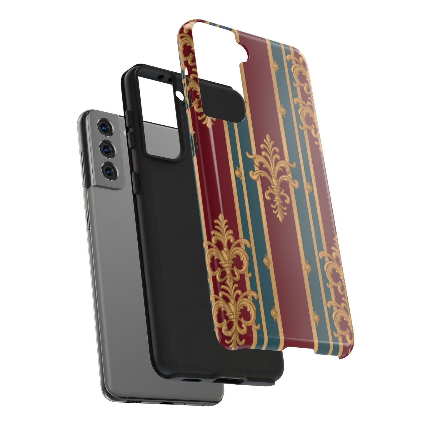 Elegant Vintage Tough Phone Case, Luxury Phone Protection, Stylish Phone Cover, Durable Phone Accessory - Burgundy Striped Gold Baroque
