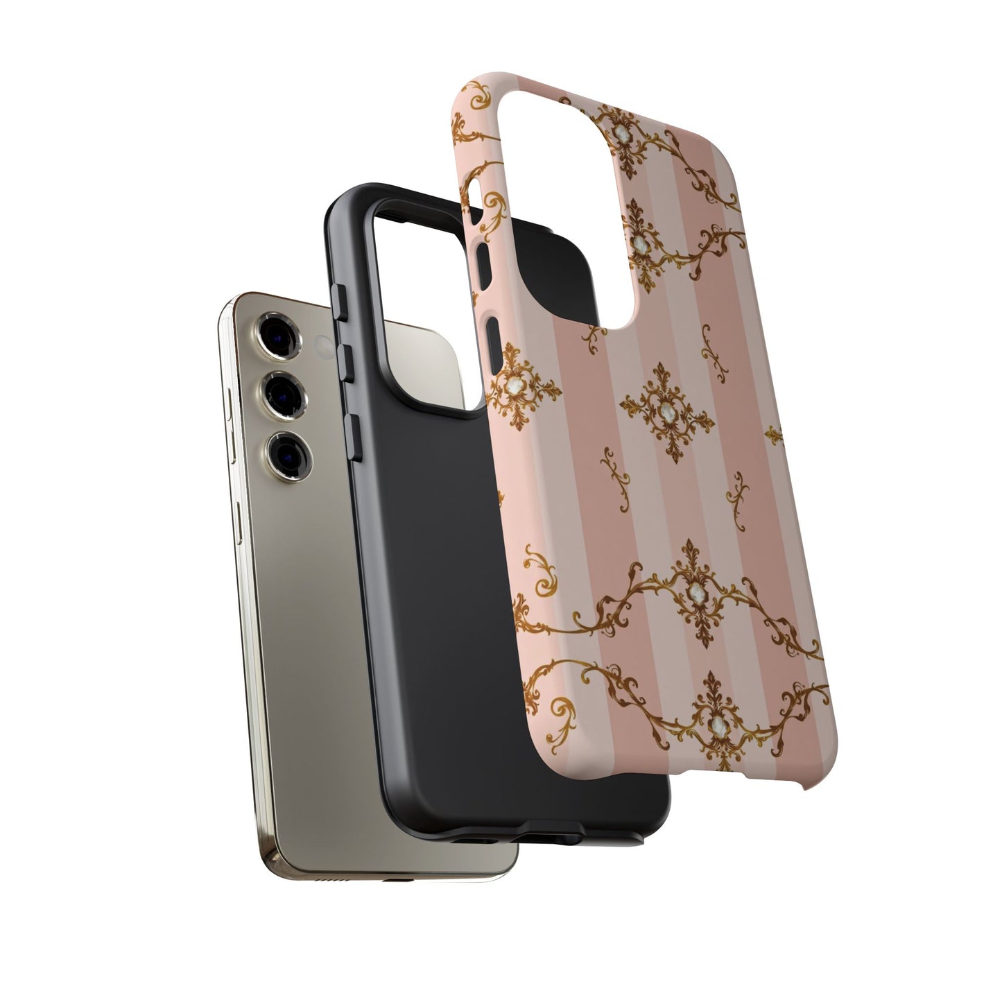 Elegant Floral Phone Case, Tough Cases for Women, Trendy Phone Cover, Chic Gift - Pink Jeweled Striped Gold Baroque
