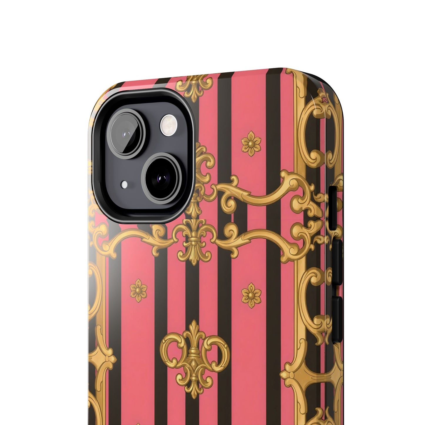Elegant Baroque Tough Phone Cases, Stylish Protection, Gift for Her, Trendy Accessory - Pink & Black Striped Gold Baroque