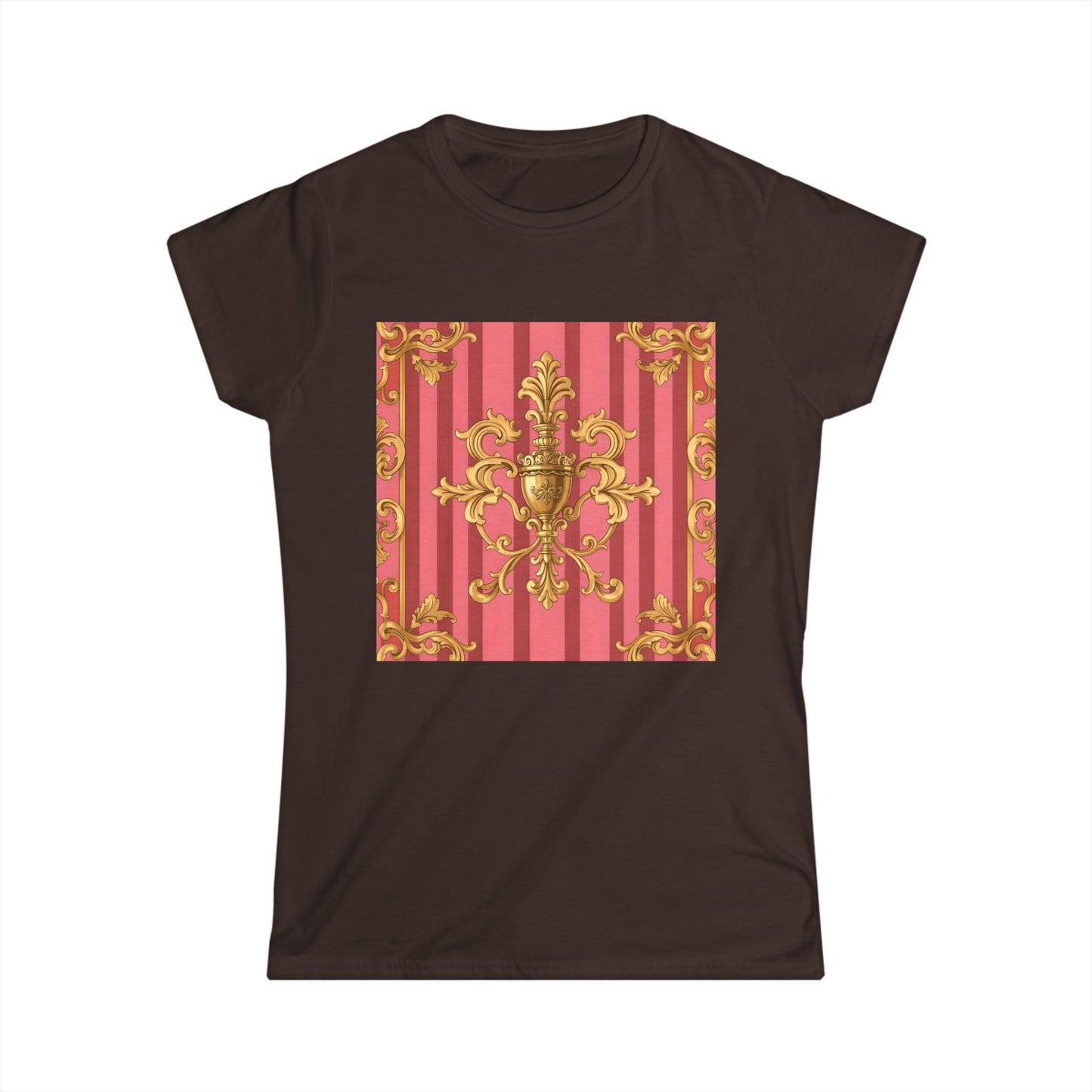 Chic Baroque Pattern Women's Softstyle Tee, Casual Summer Fashion, Gift for Her, Elegant Everyday Wear - Pink Striped Gold Baroque