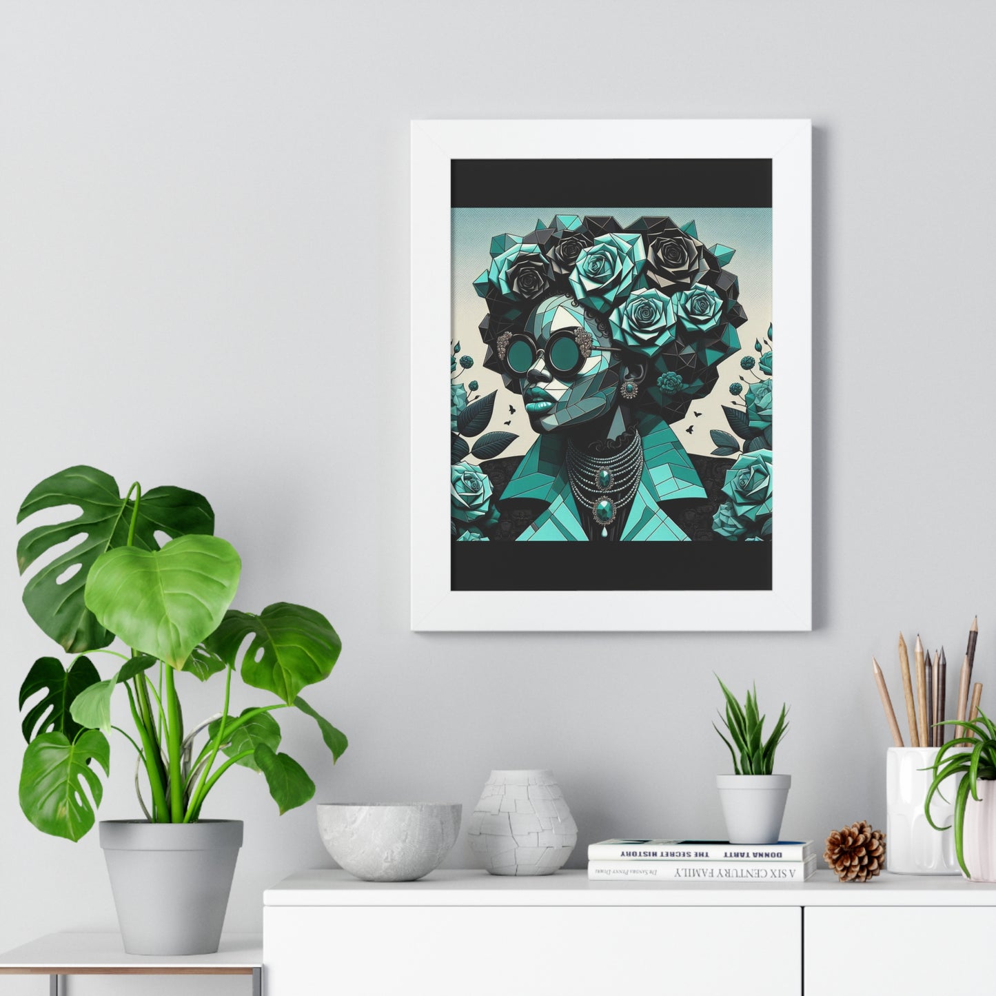 Framed Art Poster, Bohemian Home Decor, Wall Art for Living Room, Gift for Art Lovers, Unique Framed Wall Decor - Turquoise & Black Roses Lady