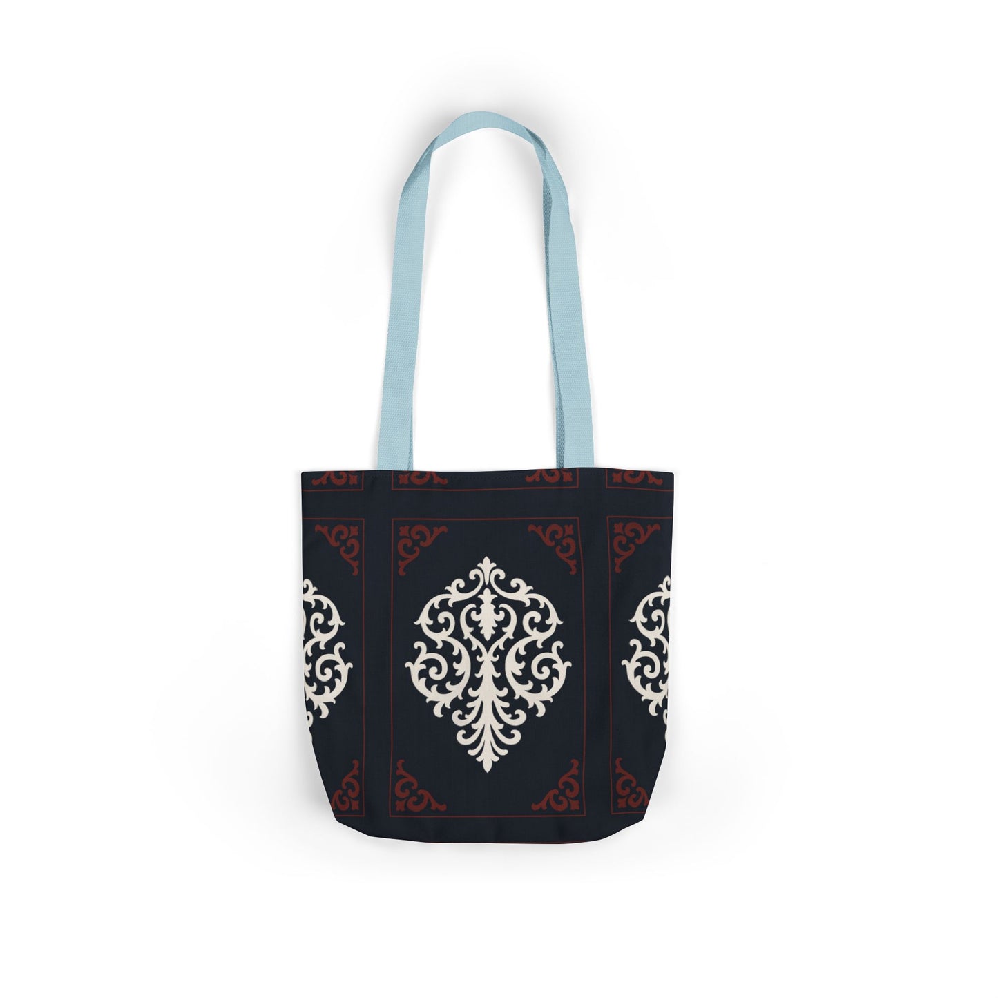 Dusk Blue-Maroon & White Baroque Pattern Canvas Tote Bag — Elegant Dusk Blue & White Reusable Market Bag