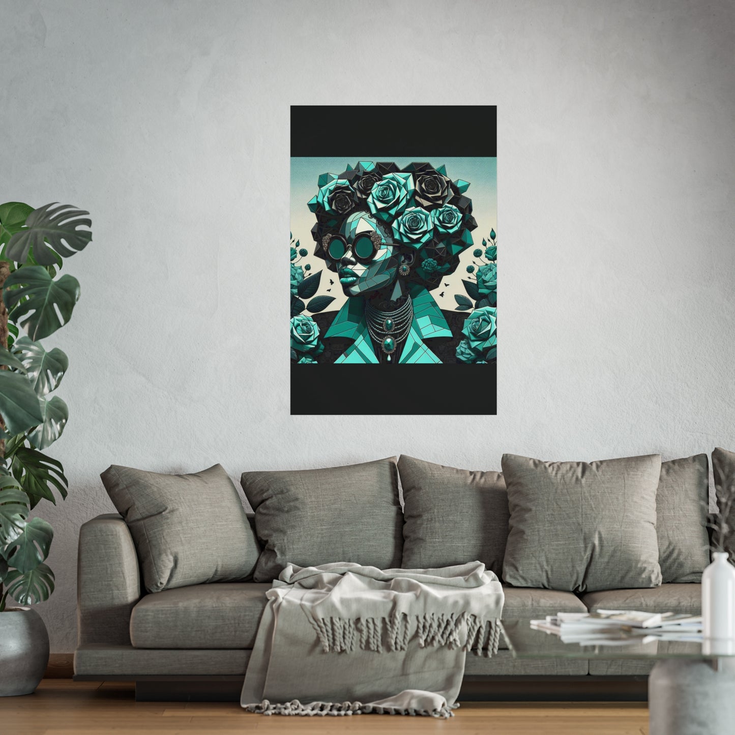 Chic Floral Fine Art Poster | Modern Wall Decor, Home Aesthetic, Gift for Art Lovers, Unique Room Makeover - Turquoise & Black Roses Lady