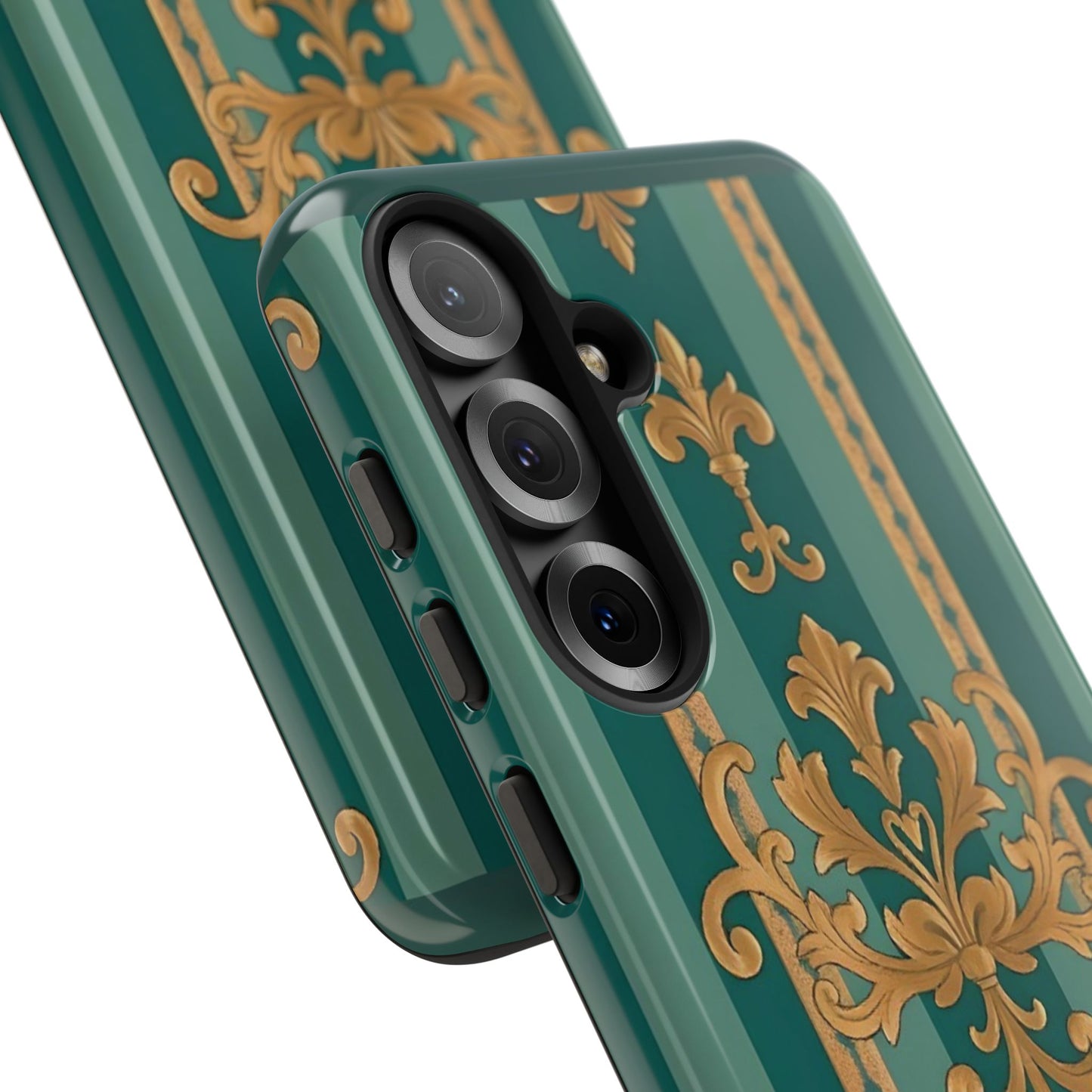 Elegant Floral Motif Phone Case - Tough Cases with Vintage Design - Teal Striped Gold Damask