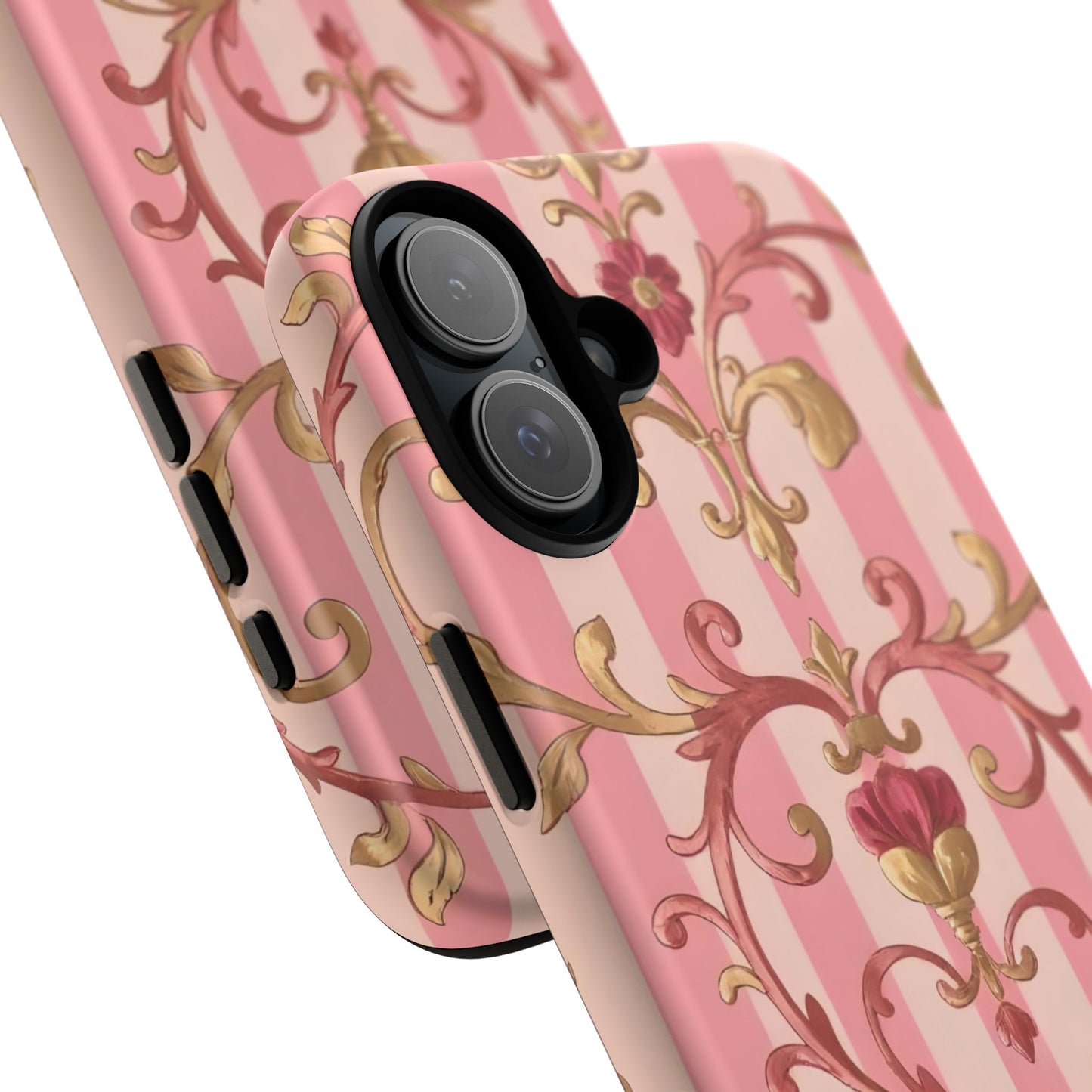 Elegant Floral Motif Phone Case - Tough Cases with Vintage Design - Pink Striped Rose Gold Damask