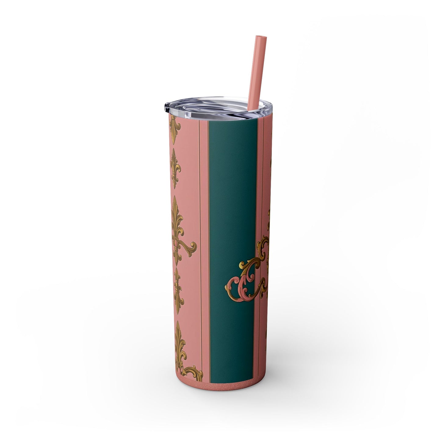 Elegant Pink and Green Skinny Tumbler with Straw, 20oz - Ideal for Gifts, Travel, Home, Events - Pink & Teal Striped Gold Baroque