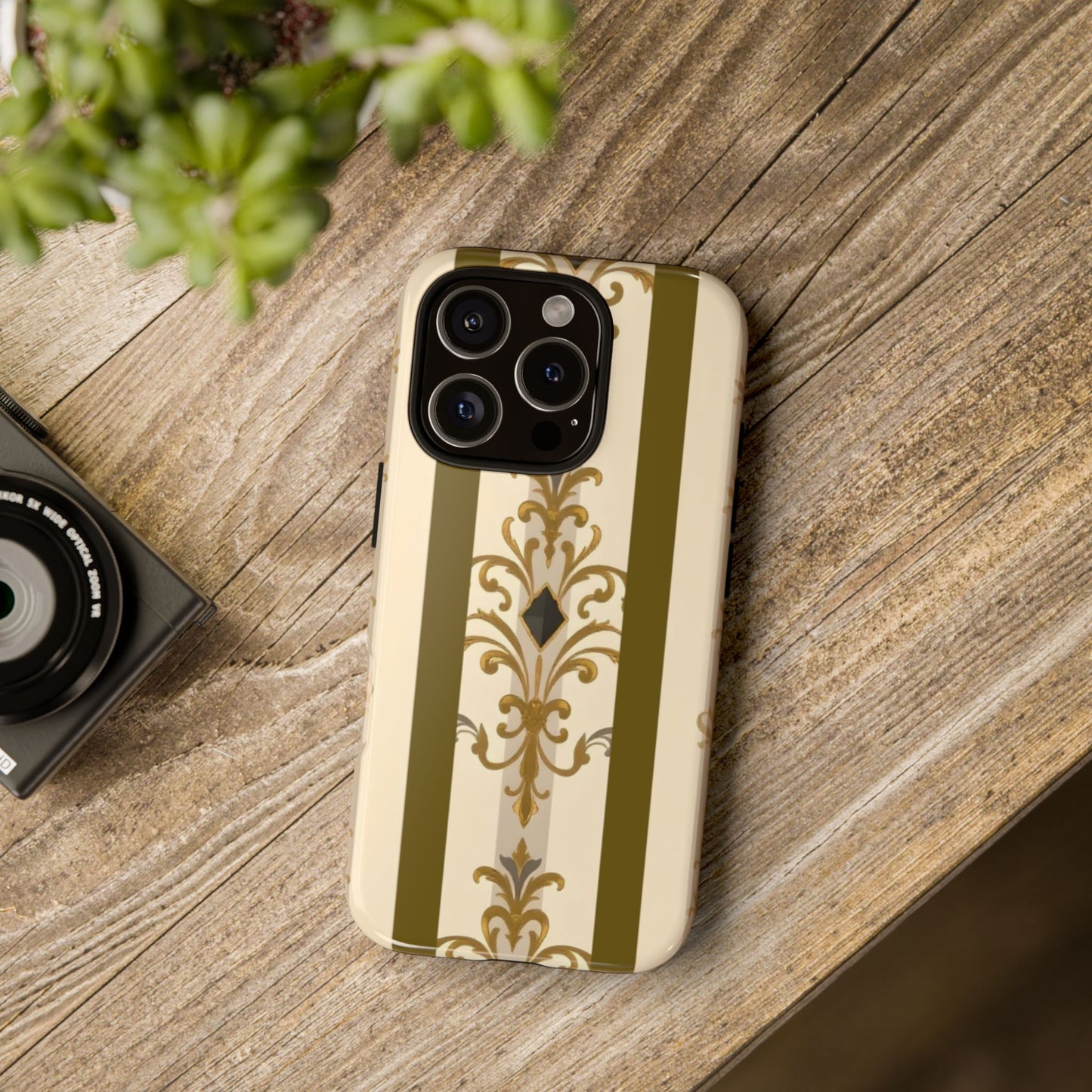 Elegant Floral Motif Phone Case - Tough Cases with Vintage Design - Olive Striped Gold Damask