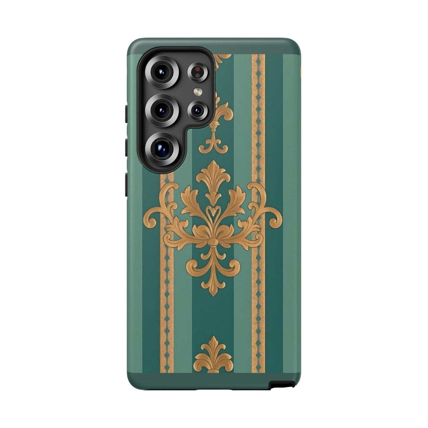 Elegant Floral Motif Phone Case - Tough Cases with Vintage Design - Teal Striped Gold Damask