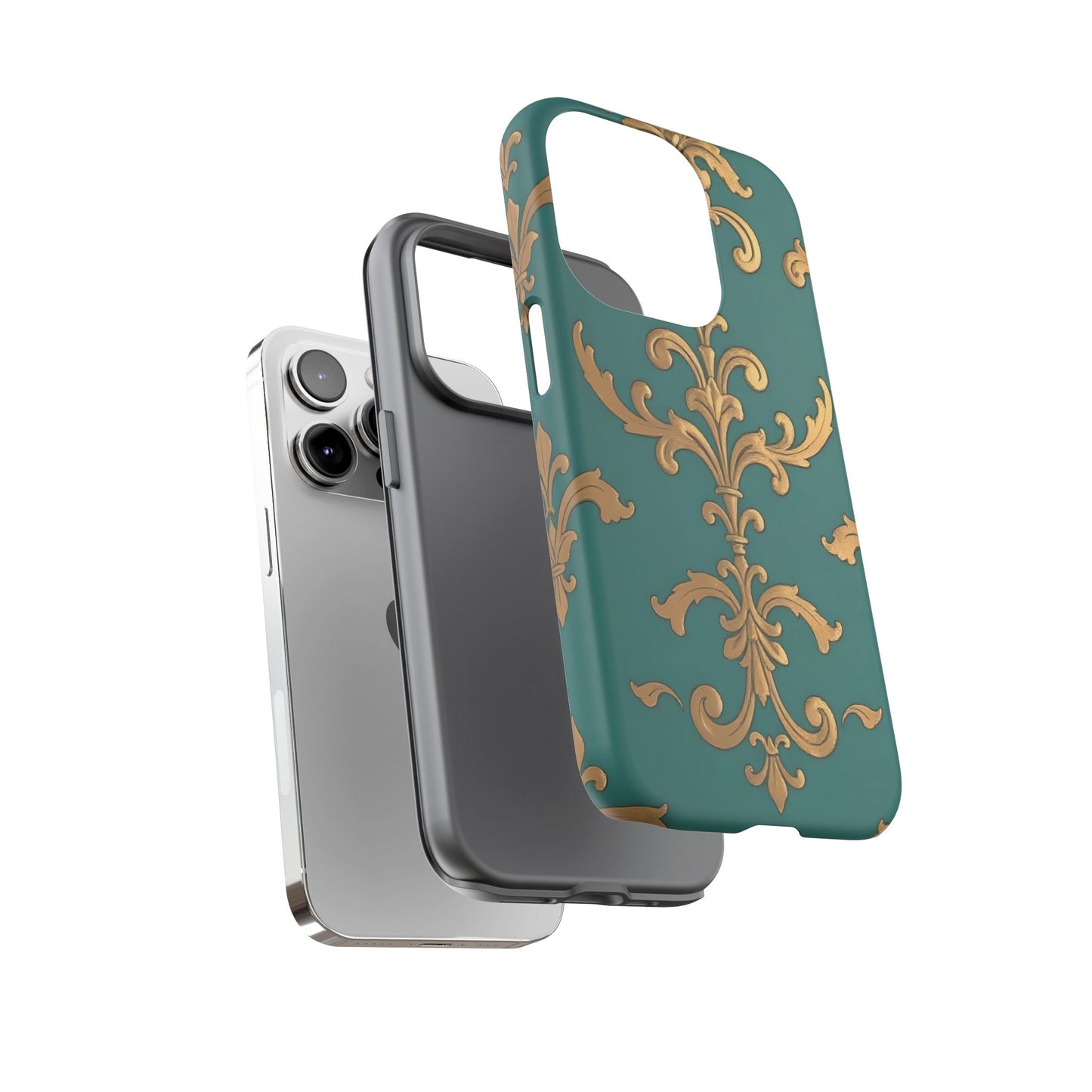 Elegant Floral Motif Phone Case - Tough Cases with Vintage Design - Aqua & Gold Damask