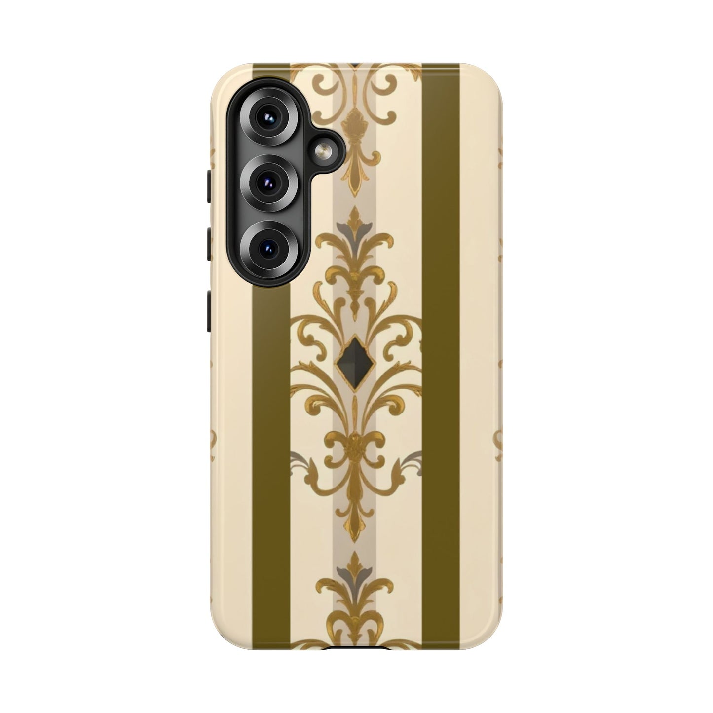 Elegant Floral Motif Phone Case - Tough Cases with Vintage Design - Olive Striped Gold Damask