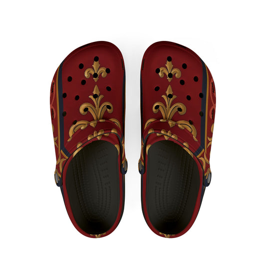 Elegant All-Over Print EVA Foam Clogs for Comfort and Style, Slip-On Shoes, Fashion Footwear - Midnight Blue & Dusk Red Gold Baroque
