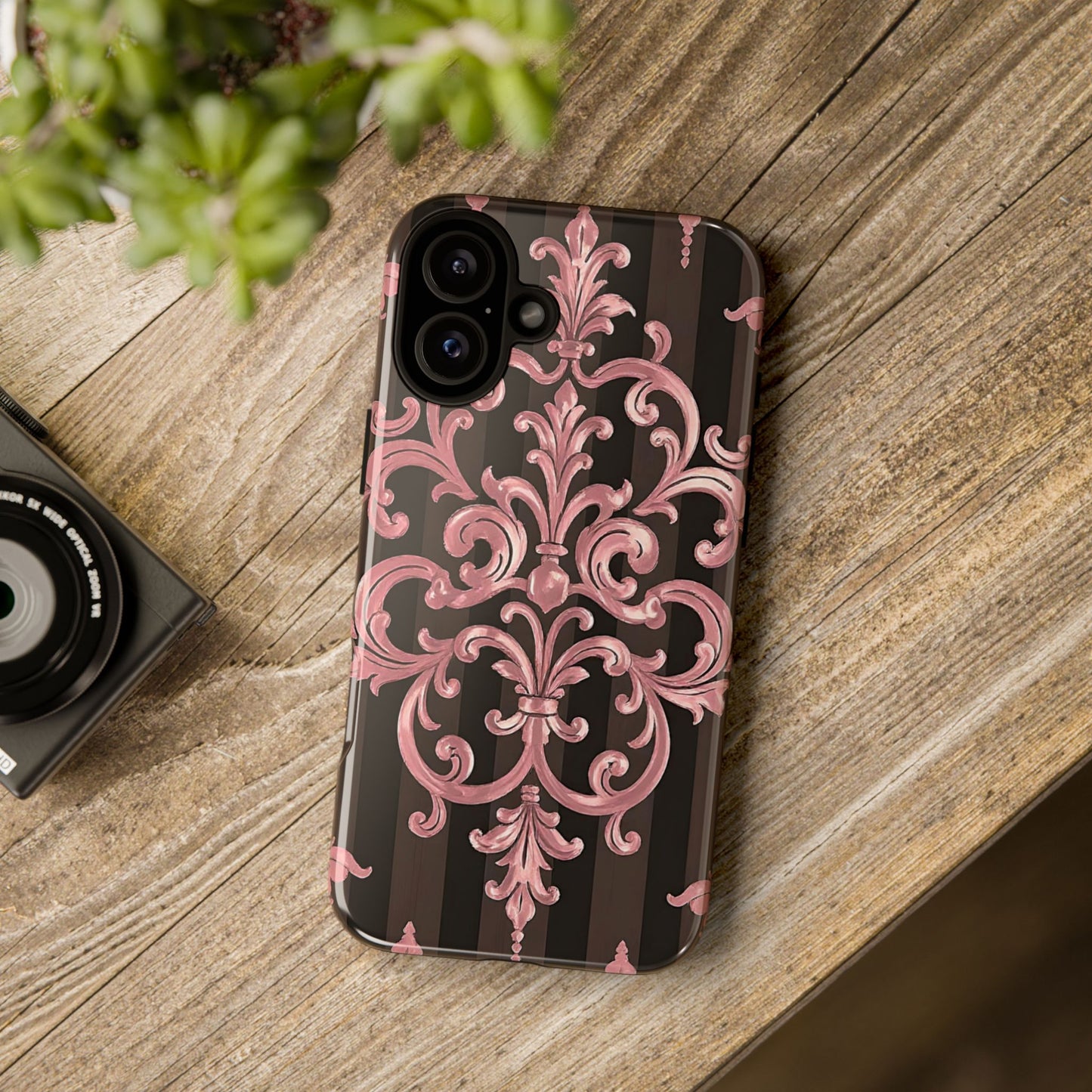Elegant Floral Motif Phone Case - Tough Cases with Vintage Design - Brown Striped Mauve Damask