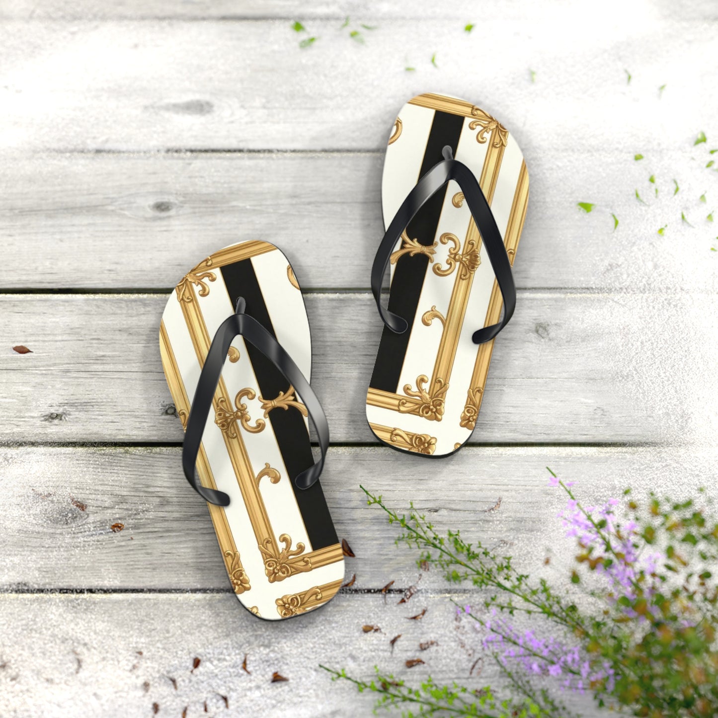 Chic Flip Flops with Elegant Design, Summer Sandals, Perfect Beach Footwear, Vacation Footwear - Black & White Striped Gold Baroque